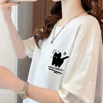 Kadın Tişört Penye Compack Tatlı Kedi Baskılı Bisiklet Yaka T-shirt - Beyaz