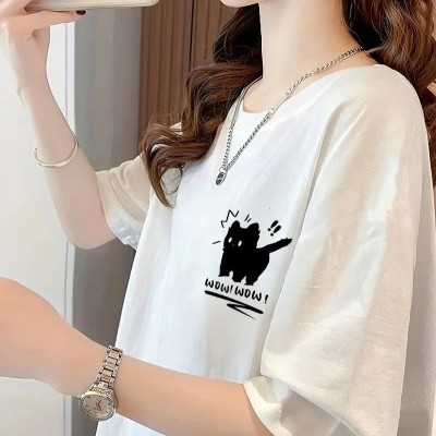 Kadın Tişört Penye Compack Tatlı Kedi Baskılı Bisiklet Yaka T-shirt - Beyaz