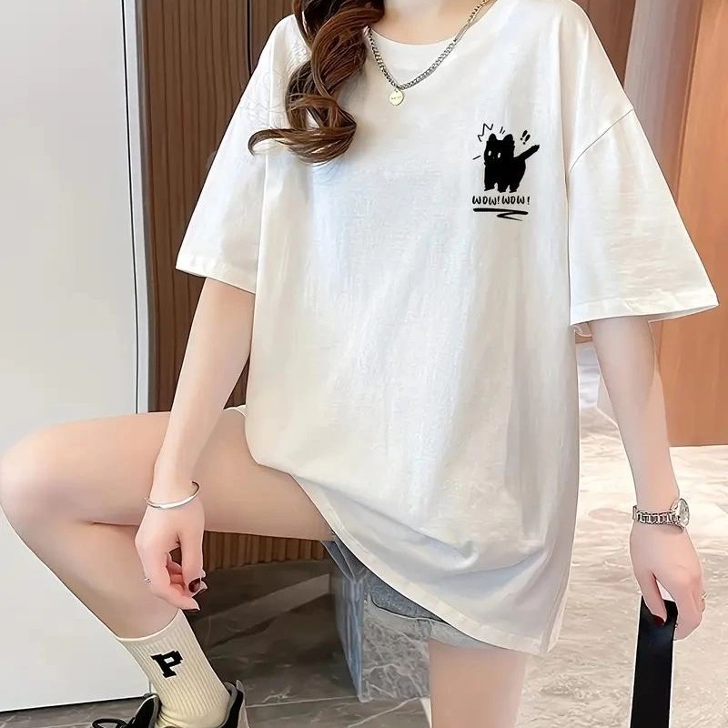 Kadın Tişört Penye Compack Tatlı Kedi Baskılı Bisiklet Yaka T-shirt - Beyaz