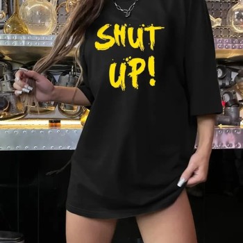 Kadın Tişört Shut up Baskılı Bisiklet Yaka Kısa Kol T-shirt - Siyah