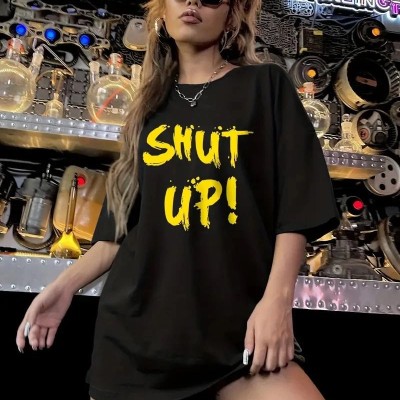 Kadın Tişört Shut up Baskılı Bisiklet Yaka Kısa Kol T-shirt - Siyah