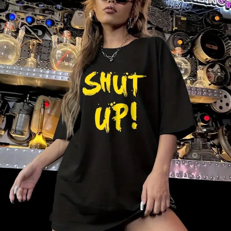 Kadın Tişört Shut up Baskılı Bisiklet Yaka Kısa Kol T-shirt - Siyah