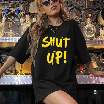 Kadın Tişört Shut up Baskılı Bisiklet Yaka Kısa Kol T-shirt - Siyah