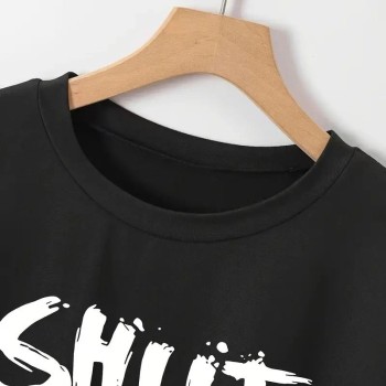 Kadın Tişört Shut Up Baskılı Kısa Kol Bisiklet Yaka T-Shirt - Siyah