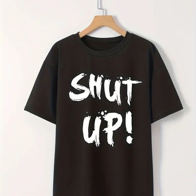 Kadın Tişört Shut Up Baskılı Kısa Kol Bisiklet Yaka T-Shirt - Siyah