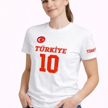Kadın TÜRKİYE Ay Yıldız Baskılı 10 Numara Forma Tişört Taraftar T-Shirt - Beyaz