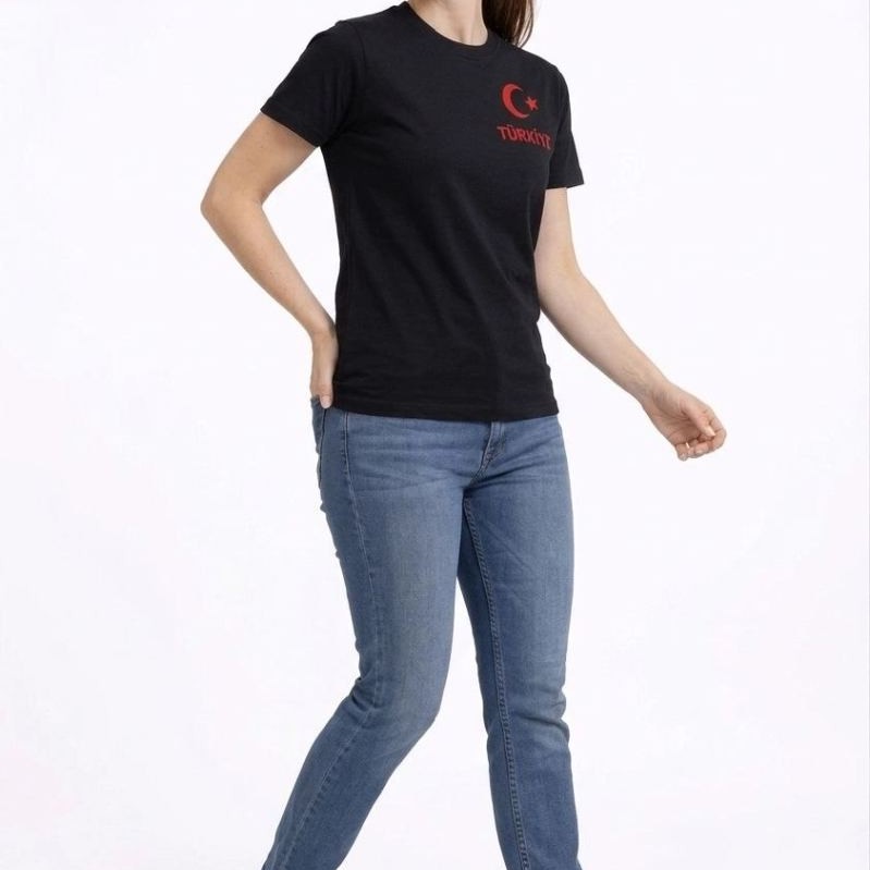 Kadın TÜRKİYE Ay Yıldız Baskılı Taraftar Forma T-Shirt - Siyah