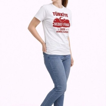 Kadın TÜRKİYE Baskılı Tişört Ay Yıldız 2026 Dünya Kupası Taraftar Forma T-Shirt - Beyaz