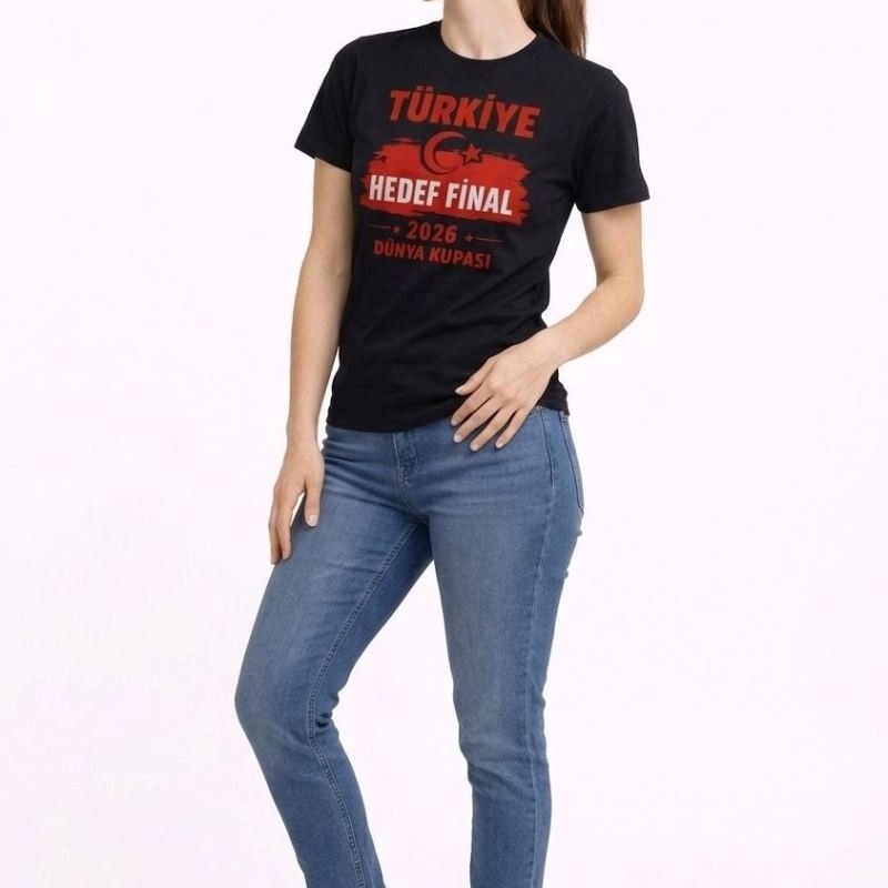 Kadın TÜRKİYE Baskılı Tişört Ay Yıldız 2026 Dünya Kupası Taraftar Forma T-Shirt - Siyah