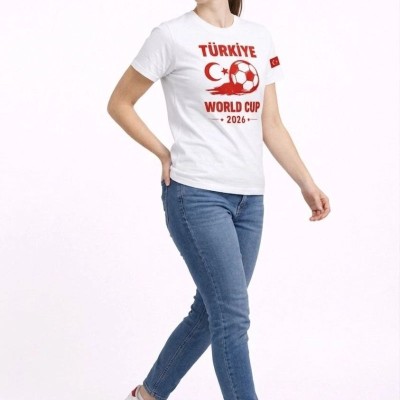 Kadın Türkiye World Cup 2026 Baskılı Tişört Futbol Temalı Forma T-Shirt - Beyaz