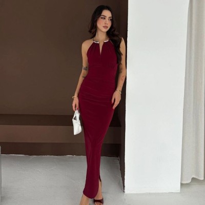 Kadın Uzun Abiye Elbise Yırtmaçlı Sırt Dekolteli Şık Gece Elbisesi - Bordo