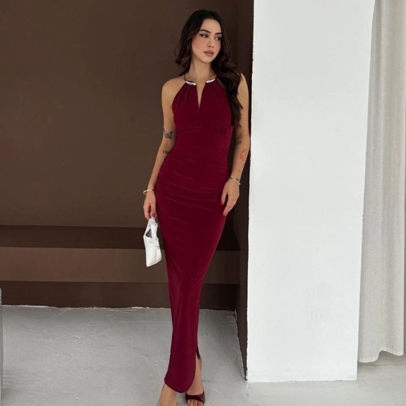 Kadın Uzun Abiye Elbise Yırtmaçlı Sırt Dekolteli Şık Gece Elbisesi - Bordo