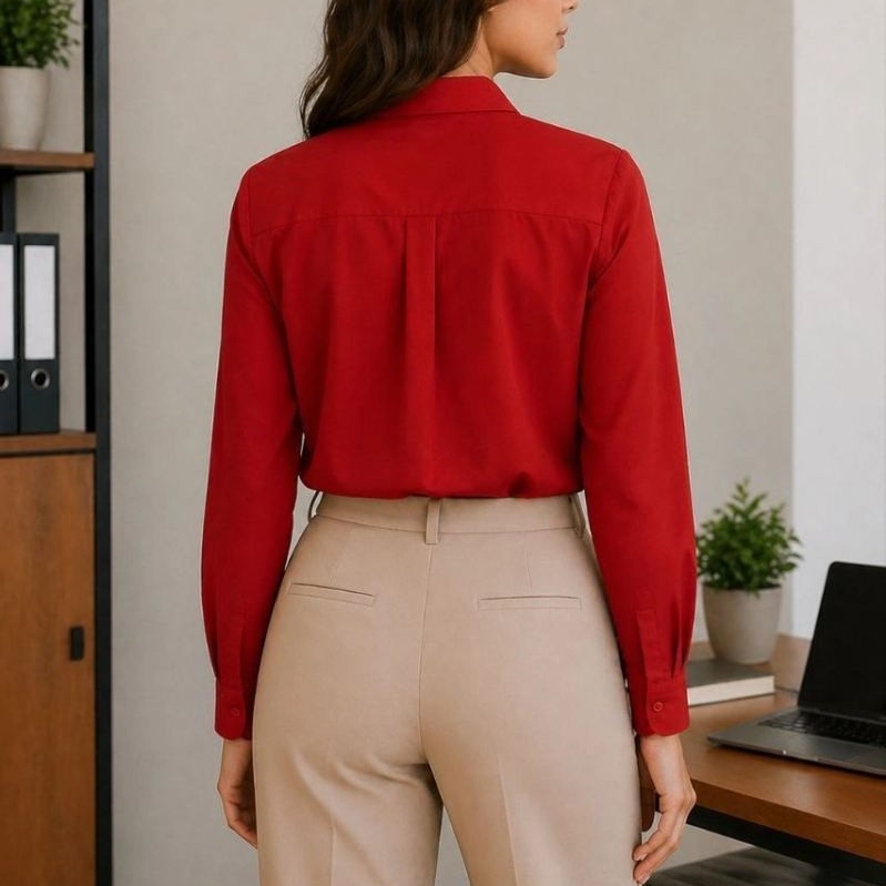 Kadın Uzun Kol Gömlek Düğmeli Klasik Yaka Günlük ve Ofis Şıklığına uygun - Kırmızı