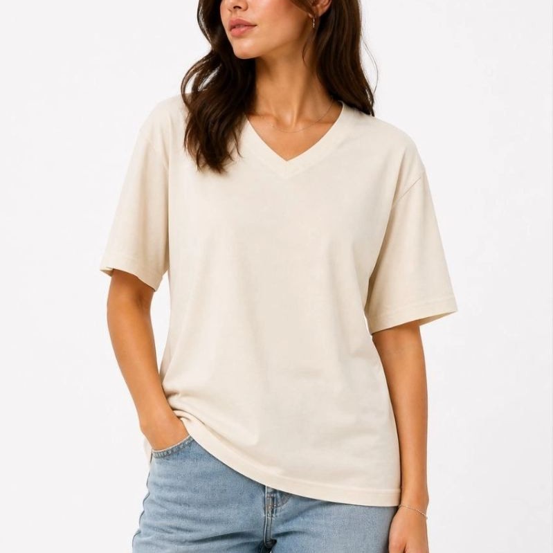 Kadın V Yaka Basic Tişört Kısa Kol Yazlık Regular Fit T-Shirt - Bej