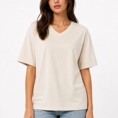 Kadın V Yaka Basic Tişört Kısa Kol Yazlık Regular Fit T-Shirt - Bej