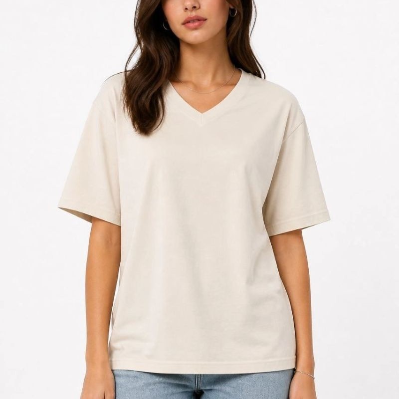 Kadın V Yaka Basic Tişört Kısa Kol Yazlık Regular Fit T-Shirt - Bej