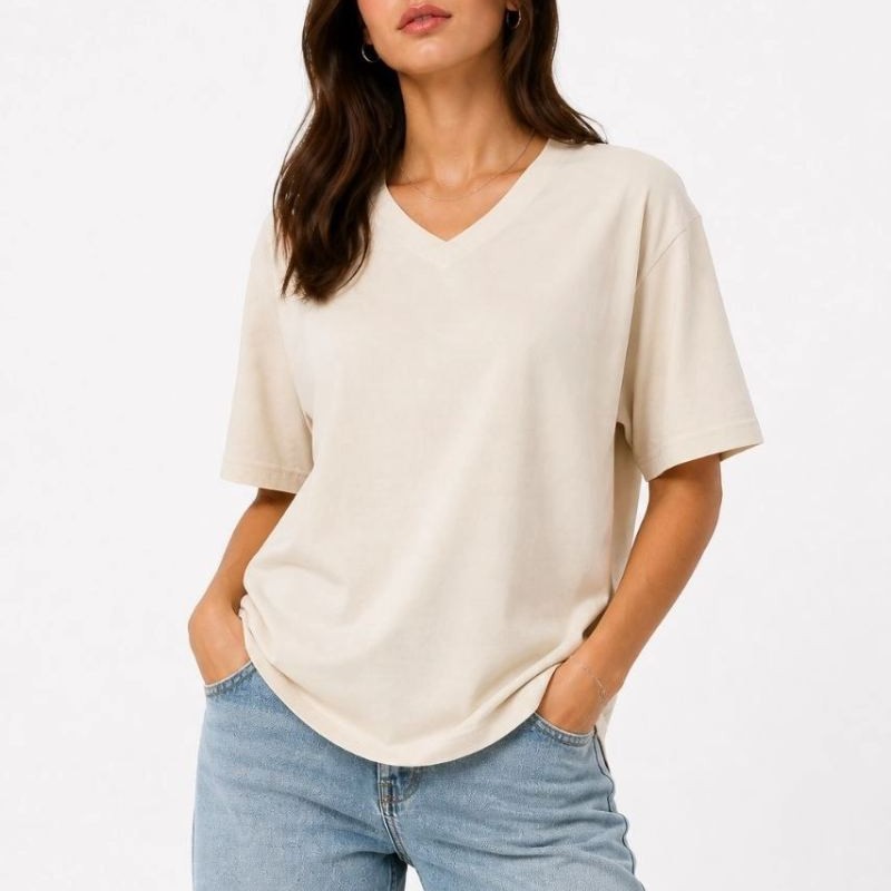 Kadın V Yaka Basic Tişört Kısa Kol Yazlık Regular Fit T-Shirt - Bej