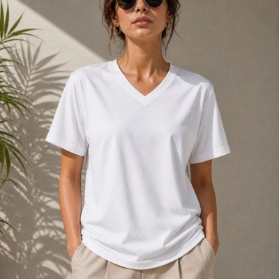 Kadın V Yaka Basic Tişört Kısa Kol Yazlık Regular Fit T-Shirt - Beyaz
