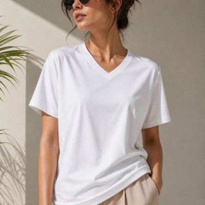 Kadın V Yaka Basic Tişört Kısa Kol Yazlık Regular Fit T-Shirt - Beyaz