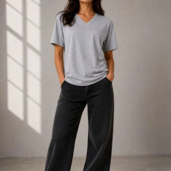 Kadın V Yaka Basic Tişört Kısa Kol Yazlık Regular Fit T-Shirt - Gri