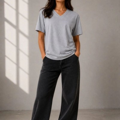 Kadın V Yaka Basic Tişört Kısa Kol Yazlık Regular Fit T-Shirt - Gri