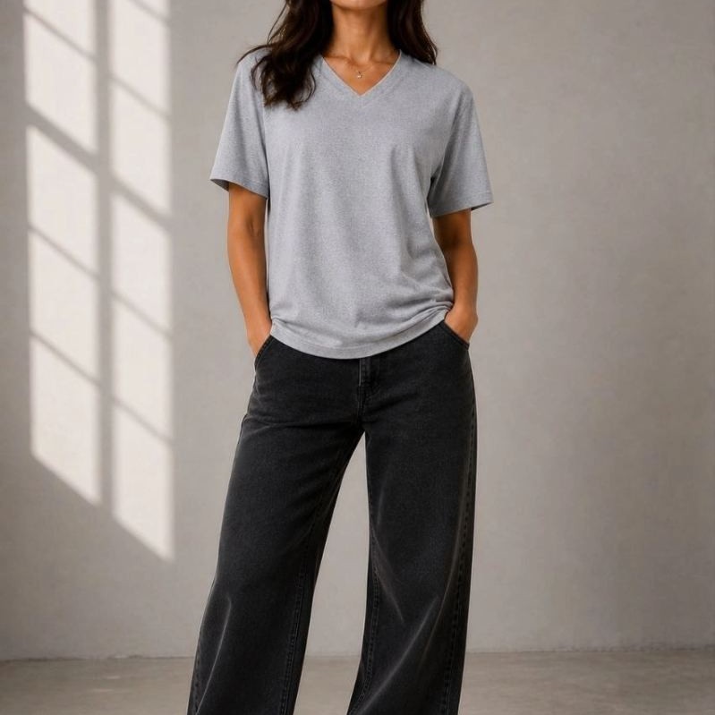 Kadın V Yaka Basic Tişört Kısa Kol Yazlık Regular Fit T-Shirt - Gri