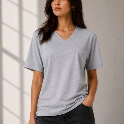 Kadın V Yaka Basic Tişört Kısa Kol Yazlık Regular Fit T-Shirt - Gri