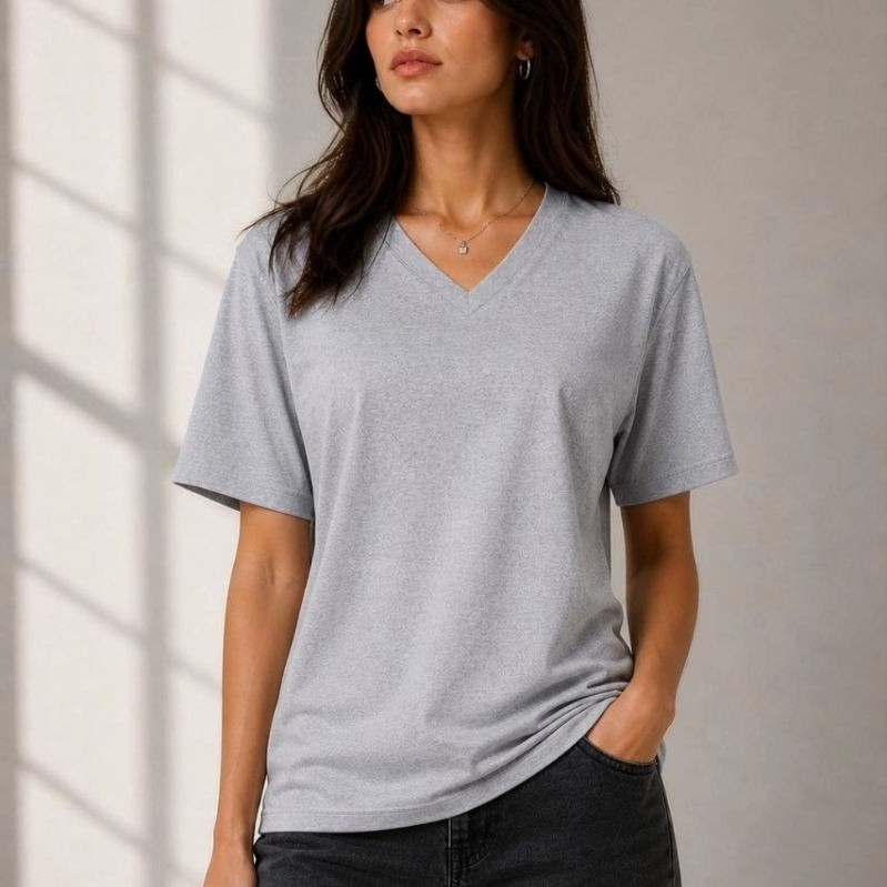 Kadın V Yaka Basic Tişört Kısa Kol Yazlık Regular Fit T-Shirt - Gri