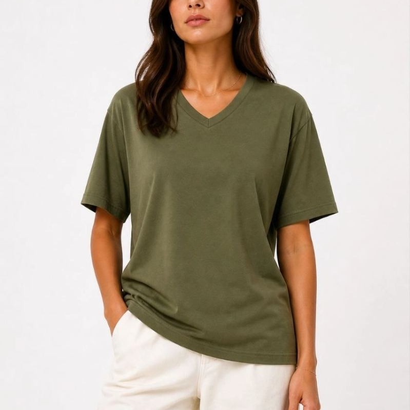Kadın V Yaka Basic Tişört Kısa Kol Yazlık Regular Fit T-Shirt - Haki