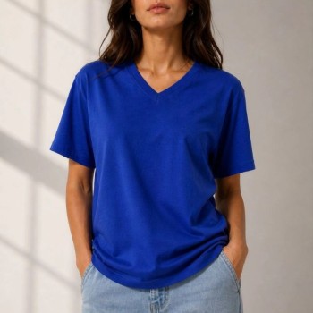 Kadın V Yaka Basic Tişört Kısa Kol Yazlık Regular Fit T-Shirt - Saks Mavisi
