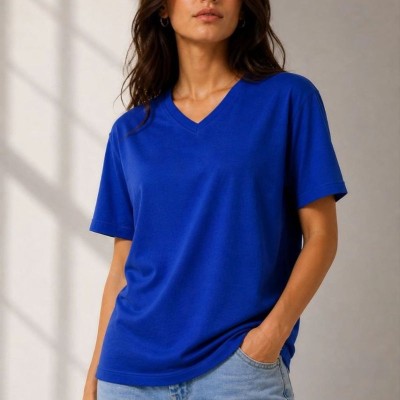 Kadın V Yaka Basic Tişört Kısa Kol Yazlık Regular Fit T-Shirt - Saks Mavisi