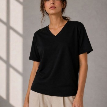 Kadın V Yaka Basic Tişört Kısa Kol Yazlık Regular Fit T-Shirt - Siyah