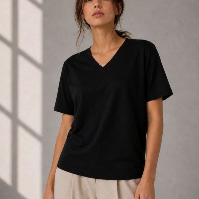 Kadın V Yaka Basic Tişört Kısa Kol Yazlık Regular Fit T-Shirt - Siyah