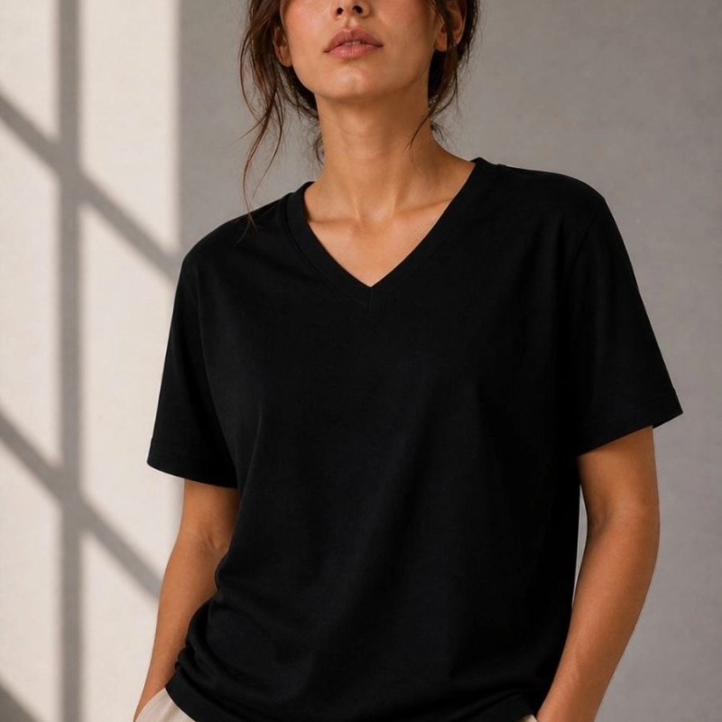 Kadın V Yaka Basic Tişört Kısa Kol Yazlık Regular Fit T-Shirt - Siyah