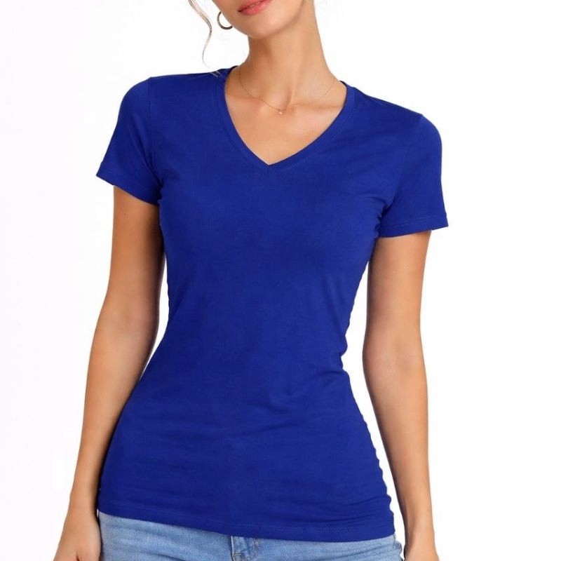 Kadın V Yaka Tişört Kısa Kol Slim Fit T-shirt 2'li Set Saks Mavisi-Ekru
