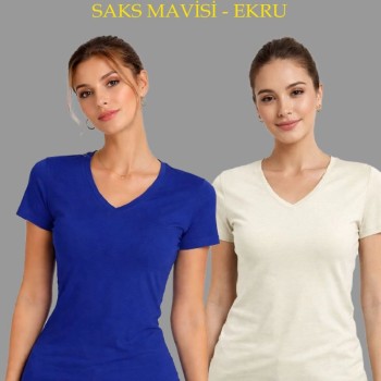 Kadın V Yaka Tişört Kısa Kol Slim Fit T-shirt 2'li Set Saks Mavisi-Ekru