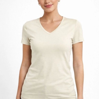 Kadın V Yaka Tişört Kısa Kol Slim Fit T-shirt 2'li Set Saks Mavisi-Ekru