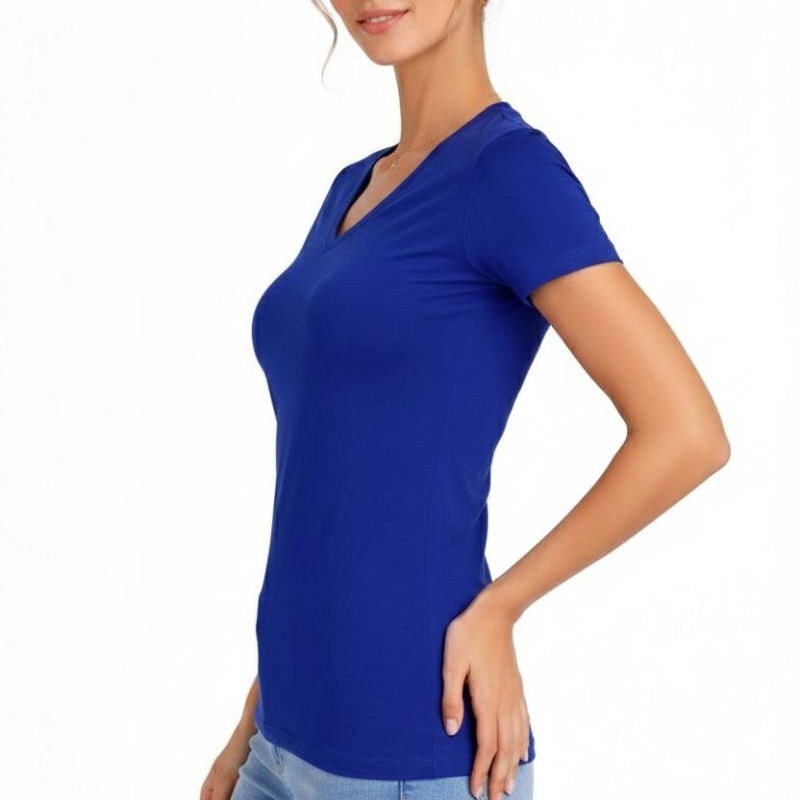 Kadın V Yaka Tişört Kısa Kol Slim Fit T-shirt 2'li Set Saks Mavisi-Ekru