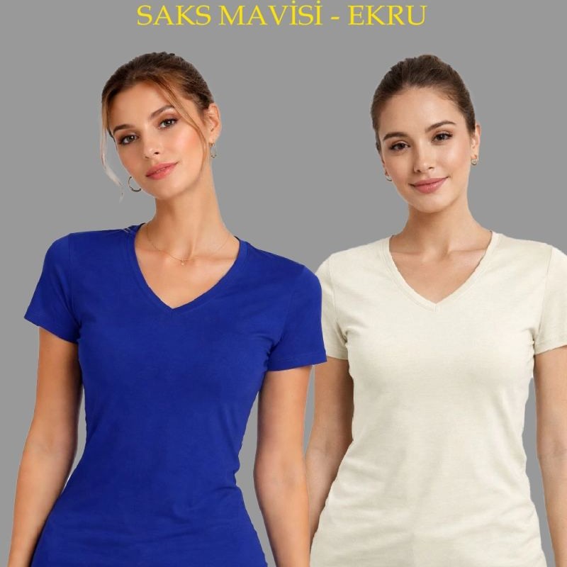 Kadın V Yaka Tişört Kısa Kol Slim Fit T-shirt 2'li Set Saks Mavisi-Ekru