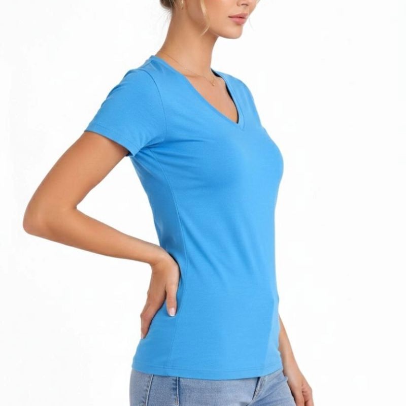 Kadın V Yaka Tişört Kısa Kol Slim Fit T-shirt 3'lü Set Pembe-Açık Mavi-Ekru