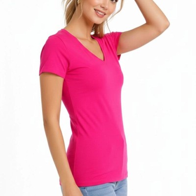 Kadın V Yaka Tişört Kısa Kol Slim Fit T-shirt 3'lü Set Pembe-Saks Mavi-Ekru