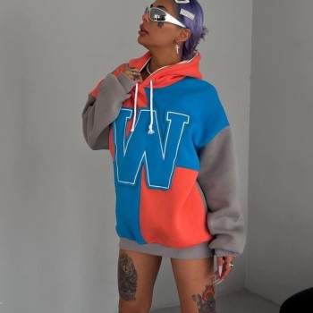 Kadın W Nakış İşlemeli Kapüşonlu 3 iplik pamuklu Parçalı Sweatshirt Hoodie - Mavi