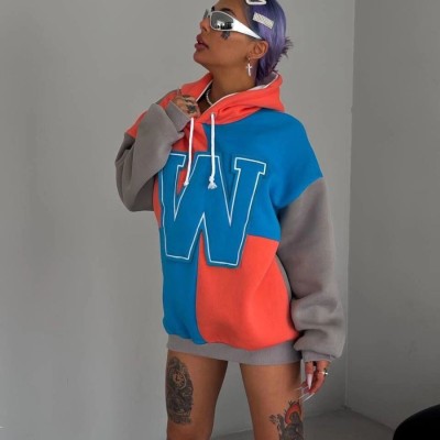 Kadın W Nakış İşlemeli Kapüşonlu 3 iplik pamuklu Parçalı Sweatshirt Hoodie - Mavi