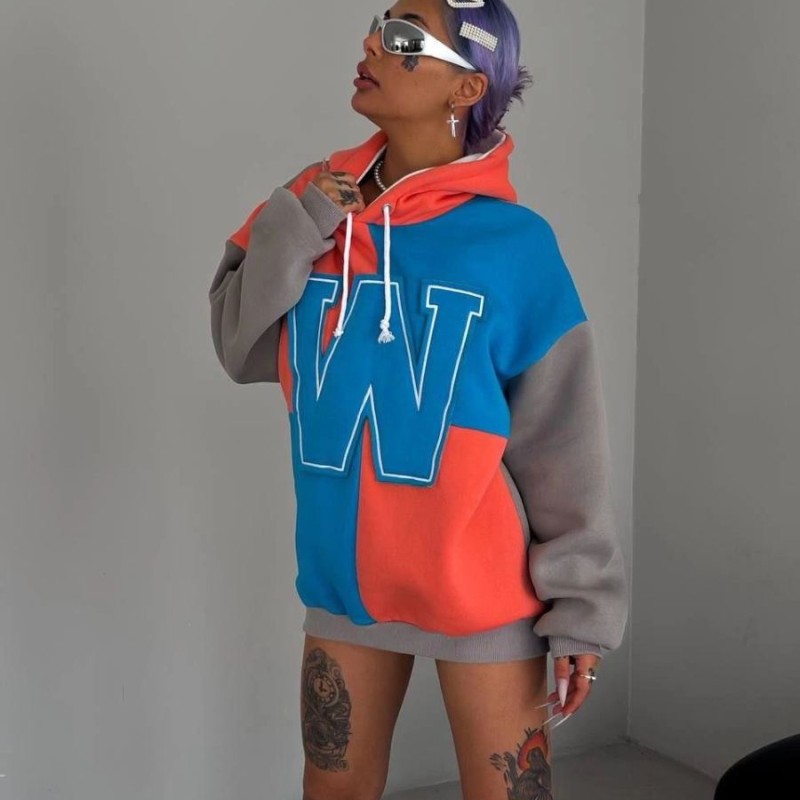 Kadın W Nakış İşlemeli Kapüşonlu 3 iplik pamuklu Parçalı Sweatshirt Hoodie - Mavi