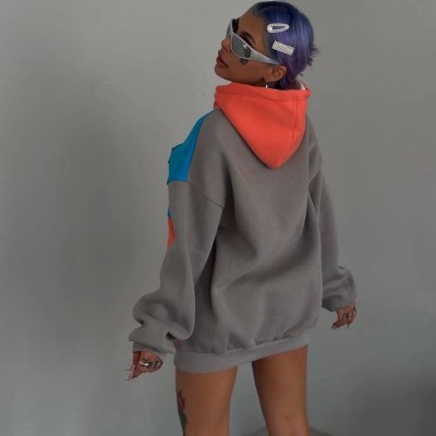 Kadın W Nakış İşlemeli Kapüşonlu 3 iplik pamuklu Parçalı Sweatshirt Hoodie - Mavi