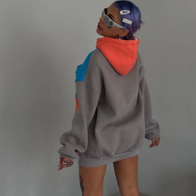 Kadın W Nakış İşlemeli Kapüşonlu 3 iplik pamuklu Parçalı Sweatshirt Hoodie - Mavi