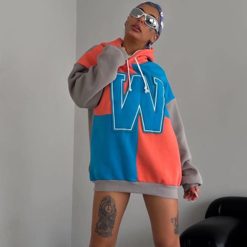 Kadın W Nakış İşlemeli Kapüşonlu 3 iplik pamuklu Parçalı Sweatshirt Hoodie - Mavi