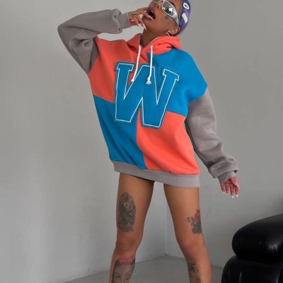 Kadın W Nakış İşlemeli Kapüşonlu 3 iplik pamuklu Parçalı Sweatshirt Hoodie - Mavi