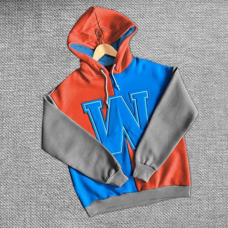 Kadın W Nakış İşlemeli Kapüşonlu 3 iplik pamuklu Parçalı Sweatshirt Hoodie - Mavi
