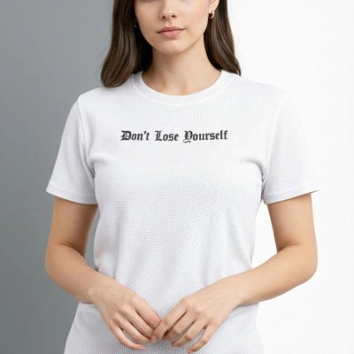 Kadın Wafıl Kumaş Tişört Regular Kalıp Bisiklet Yaka Baskılı T-Shirt - Beyaz